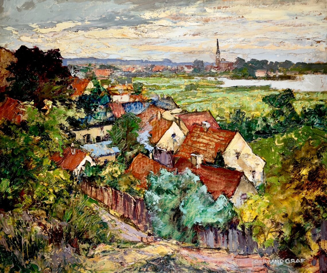 Blick auf Glindow über Häuserdächer, Glinmdower See und Glindower Kirche