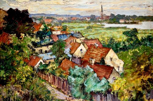 Blick auf Glindow über Häuserdächer, Glinmdower See und Glindower Kirche